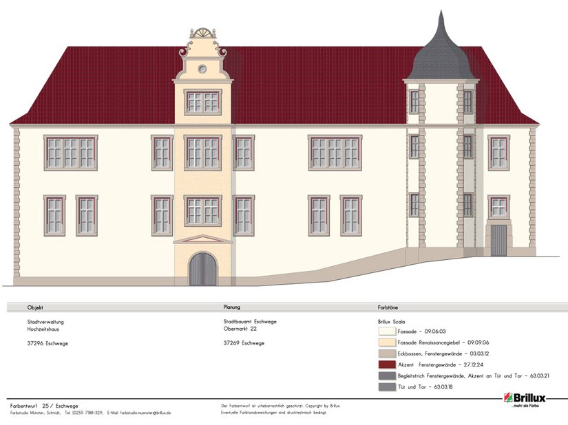 Für die Fassade wurde ein sehr heller, leicht beigefarbener Farbton gewählt (09.06.03), der einer späteren Bauepoche zugeordnete Renaissanceturm setzt sich durch einen etwas cremigeren Beigeton dezent von der Fassade ab (09.09.06).