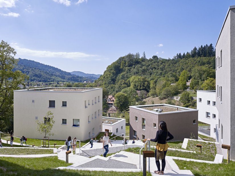 Die schlichten zweigeschossigen Lehrerhäuser sind über Wege und Brücken erschlossen.