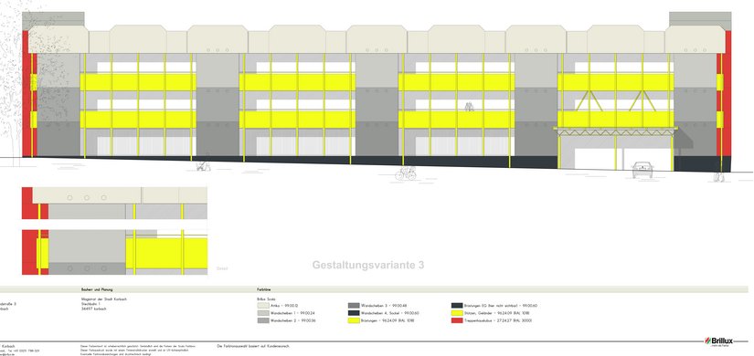 Farbentwurf aus dem Brillux Farbstudio in Münster. Ausgeführte Gestaltungsvariante: Farbliche Erinnerung an die Geschichte Korbachs als Goldgräberstadt. Die grauen Bereiche assoziieren die unterschiedlich farbigen, nach oben heller werdenden Erdschichten. Die Stützen und Brüstungen dagegen erinnern an die Goldadern. Die Treppenaufgänge sind durch ihr Rot unübersehbar.