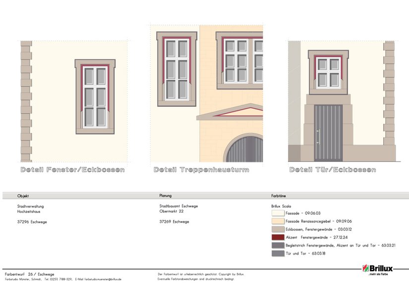 Durch das Brillux Farbstudio wurden auf Grundlage der Befundanalyse verschiedenste Interpretationen der Farbfassung der Fenstergewände, der Tür- und Torfarbigkeit sowie des später vorgebauten Renaissancegiebels erarbeitet.