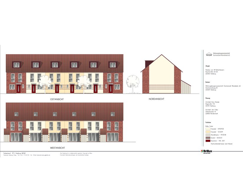 Farbentwurf aus dem Brillux Farbstudio in Hamburg. Scala Farbtöne: Fassade: 09.09.03, 12.12.09, Abstellräume: 99.00.18, Sockel: 03.03.21, Haustüren: 27.12.30 (RAL 3011), Flachverblendermasse nach Muster