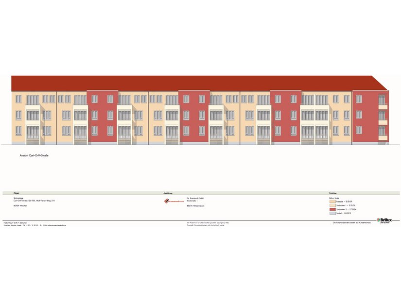 Der neue Anstrich gab die Möglichkeit, das Gebäude zu gliedern und optisch zu verkürzen. Farbentwurf aus dem Brillux Farbstudio in München.
